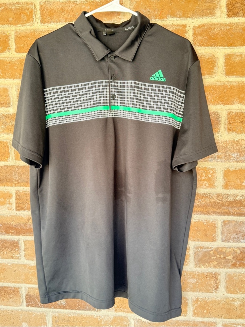 adidas Men's Black Polo with Green Stripe and Grid Panel